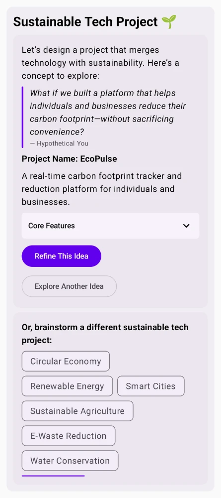 Kai generating an EcoPulse sustainable tech brainstorm with features and theme chips