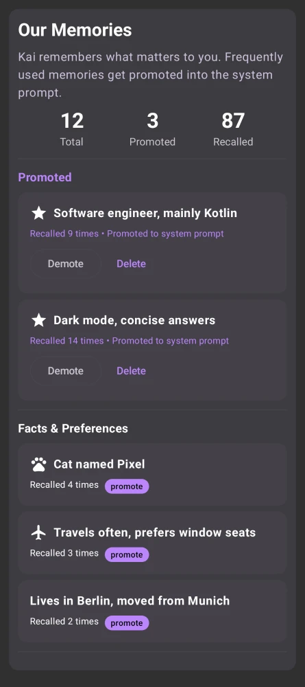 Kai memory system showing facts the assistant remembers